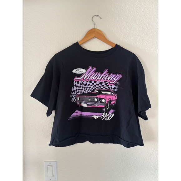 Ford Tops - Ford Mustang 1969 Graphic Cropped T-Shirt Black Pink XL Boxy Raw Hem Tee